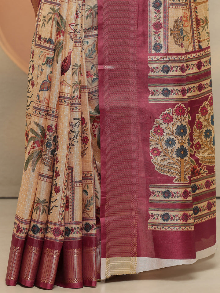 Gold Printed Silk Blend Saree With Unstitched Blouse Piece