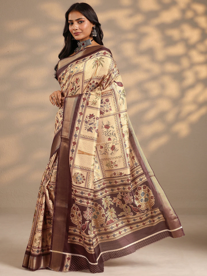 Gold Printed Silk Blend Saree With Unstitched Blouse Piece