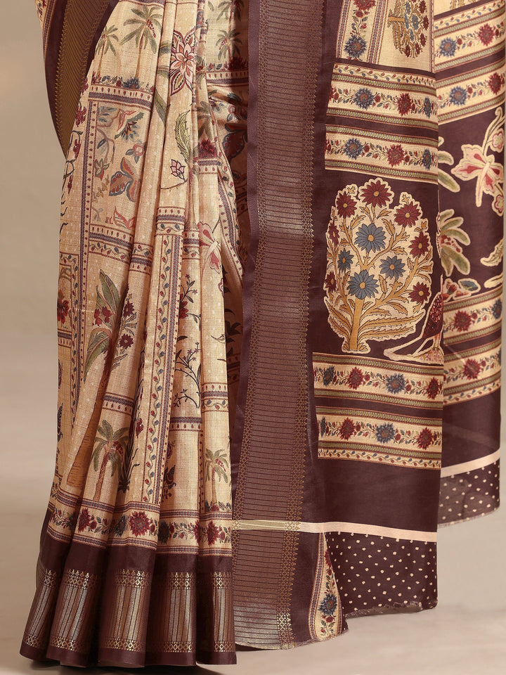 Gold Printed Silk Blend Saree With Unstitched Blouse Piece