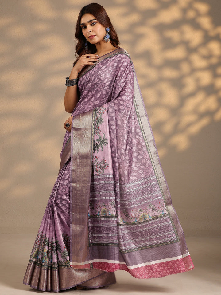 Lavender Printed Silk Blend Saree With Unstitched Blouse Piece