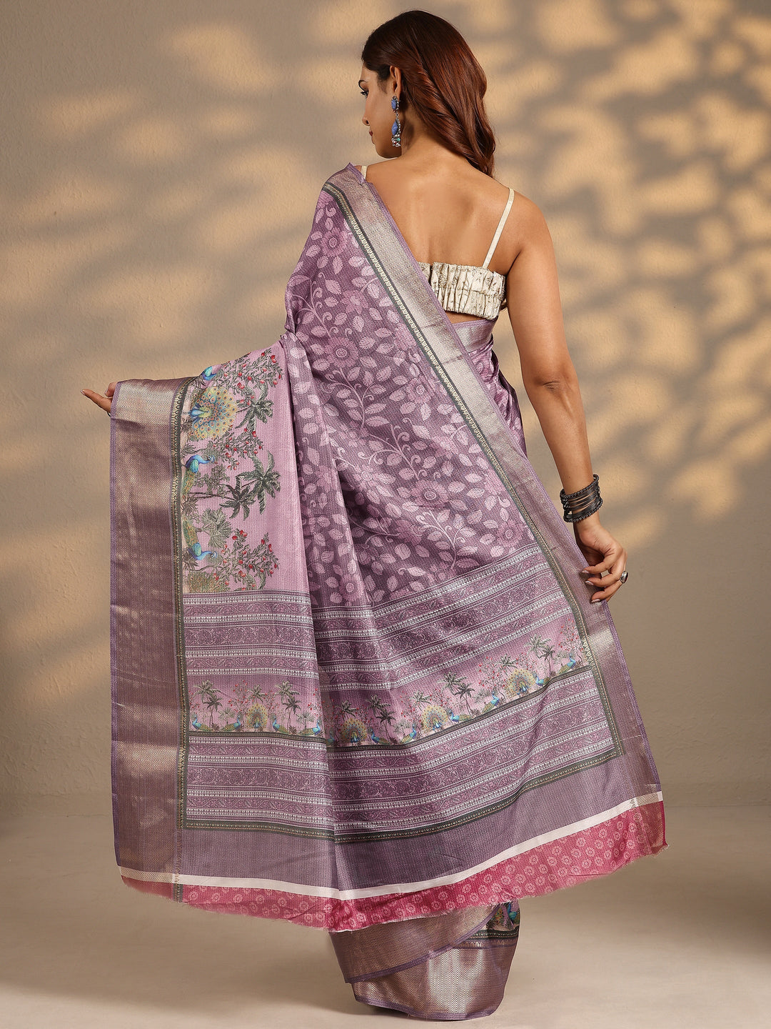 Lavender Printed Silk Blend Saree With Unstitched Blouse Piece