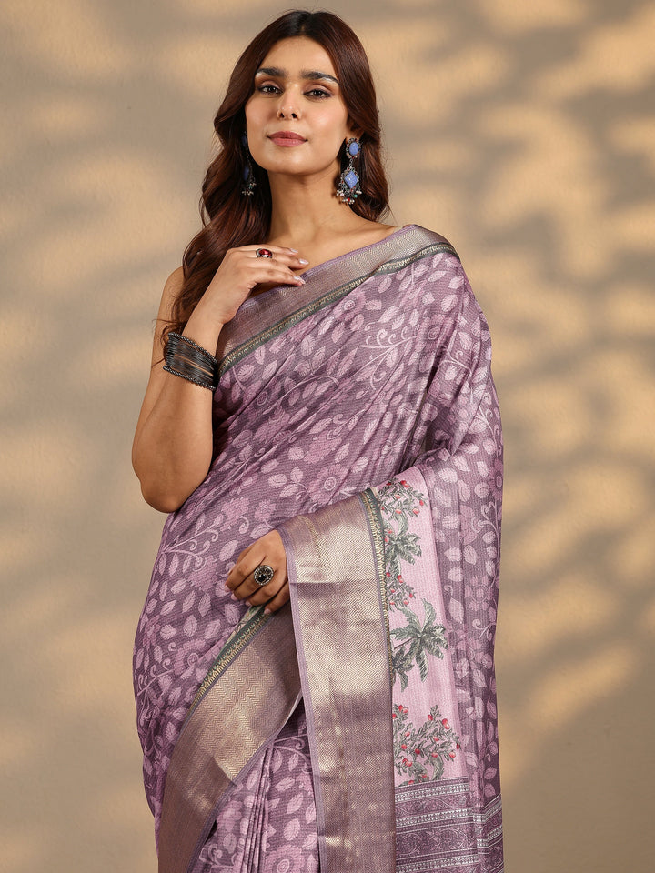 Lavender Printed Silk Blend Saree With Unstitched Blouse Piece