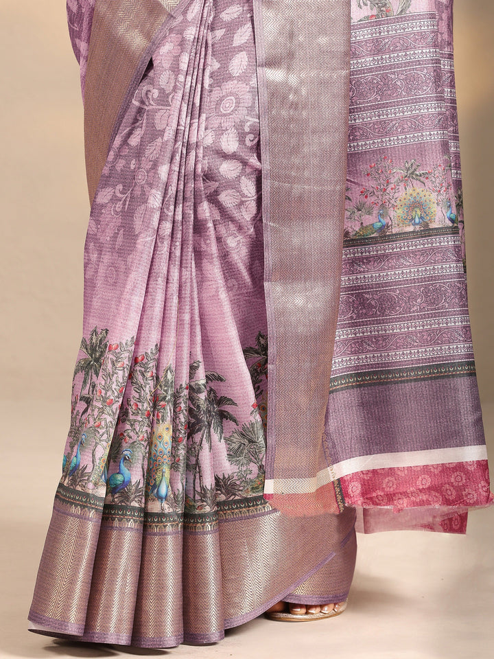 Lavender Printed Silk Blend Saree With Unstitched Blouse Piece