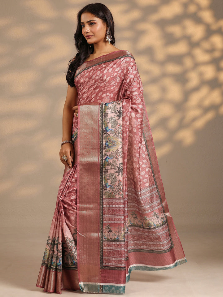 Pink Printed Silk Blend Saree With Unstitched Blouse Piece