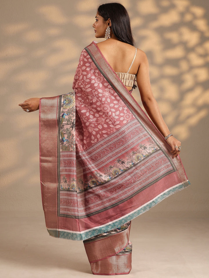 Pink Printed Silk Blend Saree With Unstitched Blouse Piece