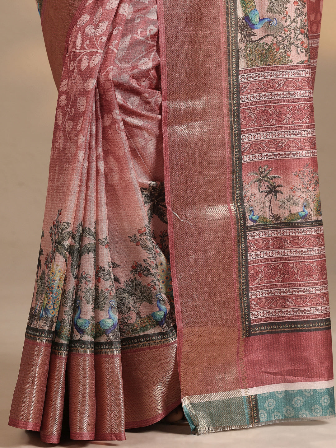 Pink Printed Silk Blend Saree With Unstitched Blouse Piece