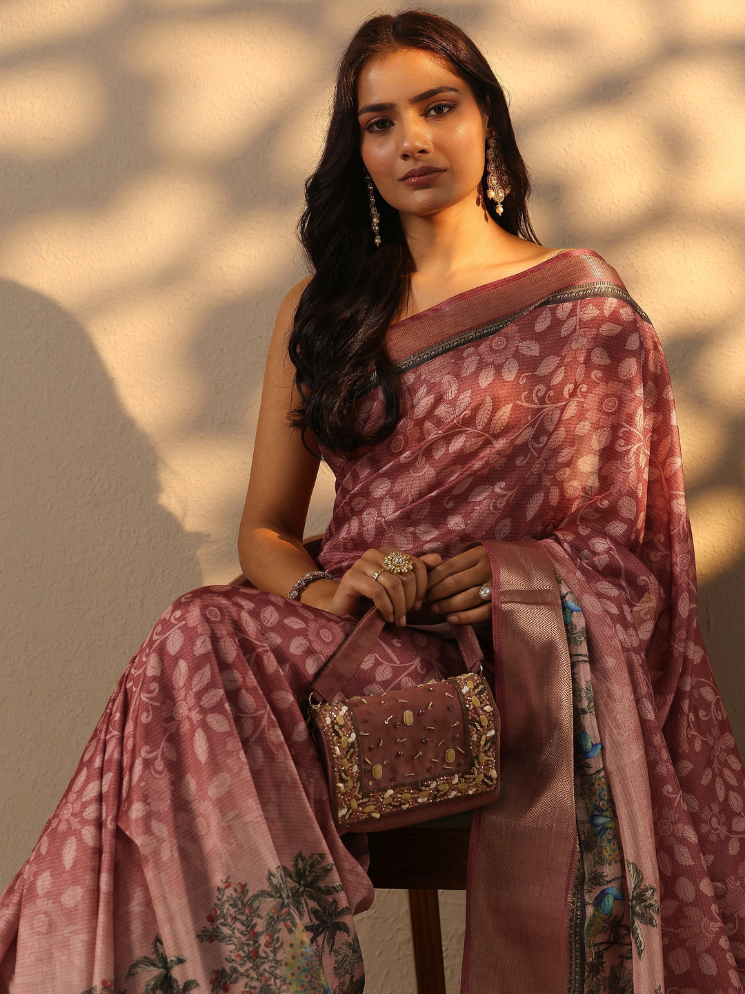 Pink Printed Silk Blend Saree With Unstitched Blouse Piece