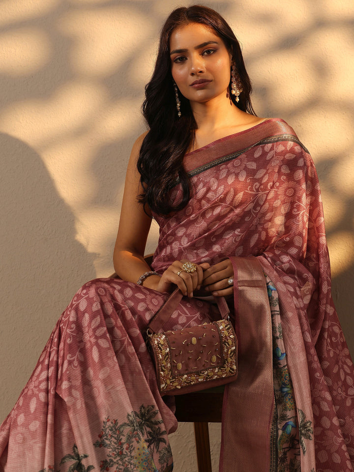 Pink Printed Silk Blend Saree With Unstitched Blouse Piece