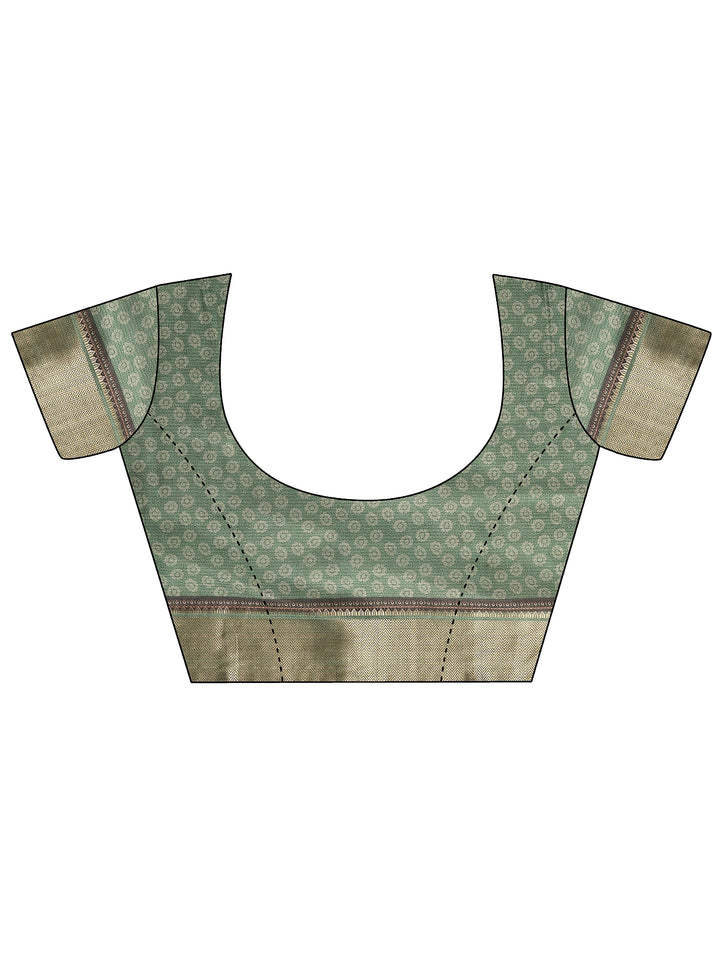 Green Printed Silk Blend Saree With Unstitched Blouse Piece
