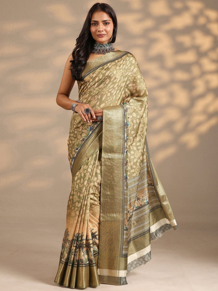 Green Printed Silk Blend Saree With Unstitched Blouse Piece