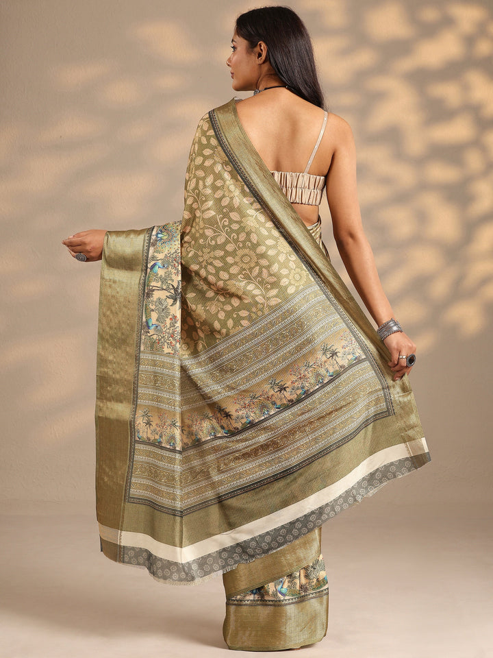 Green Printed Silk Blend Saree With Unstitched Blouse Piece