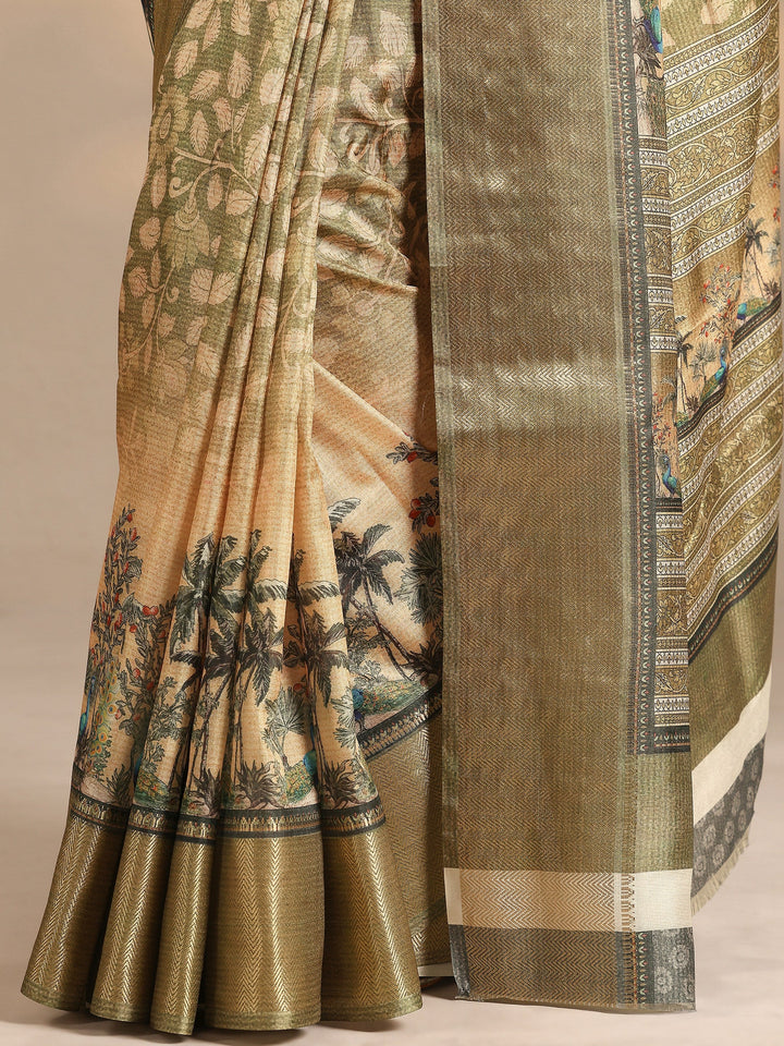 Green Printed Silk Blend Saree With Unstitched Blouse Piece