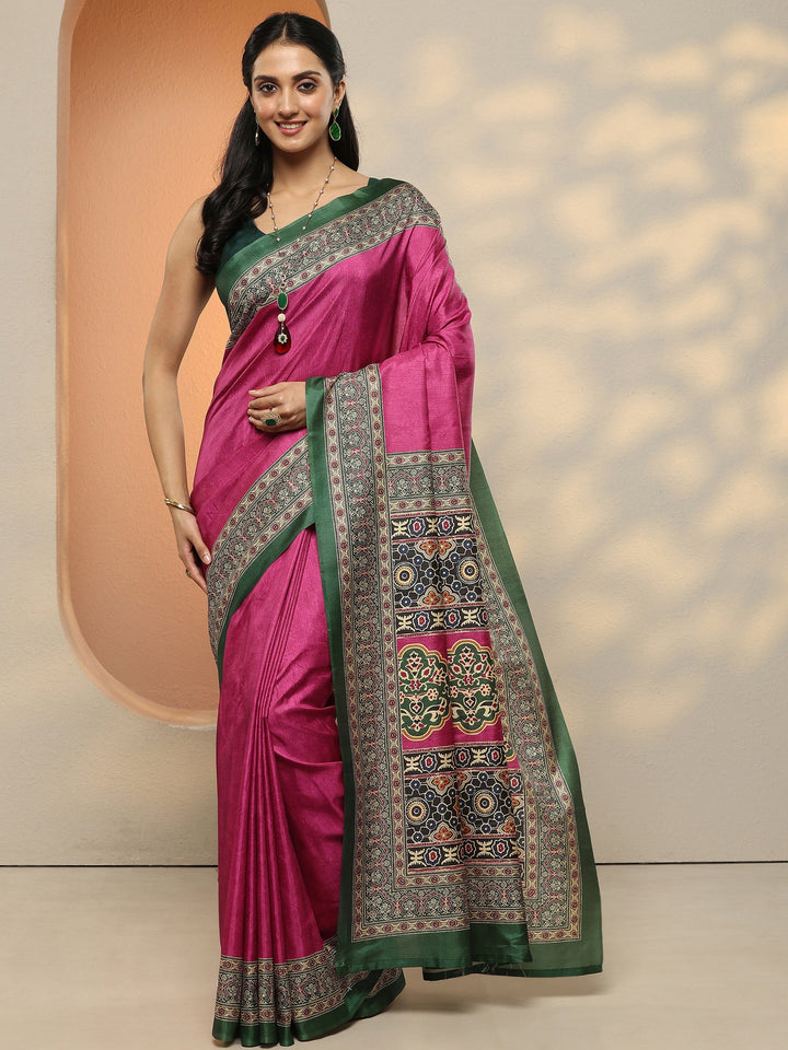 Pink Solid Silk Blend Saree With Unstitched Blouse Piece