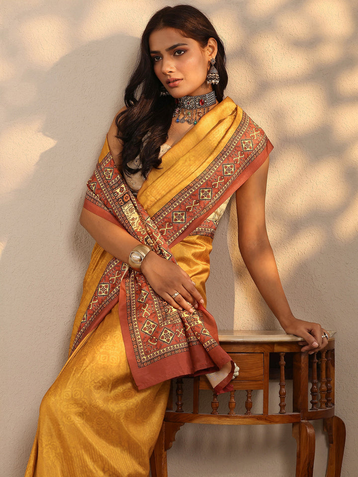 Mustard Woven Design Silk Blend Saree With Unstitched Blouse Piece
