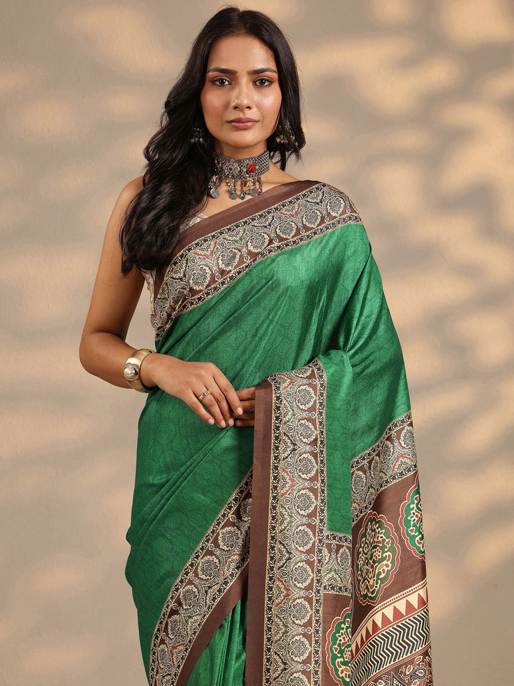 Green Printed Silk Blend Saree With Unstitched Blouse Piece