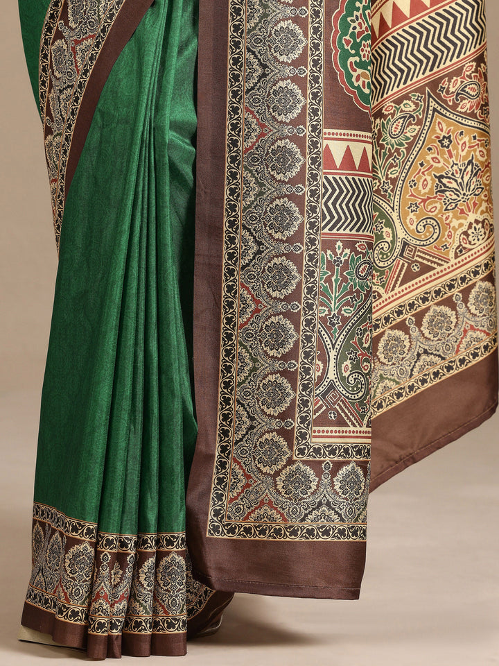 Green Printed Silk Blend Saree With Unstitched Blouse Piece