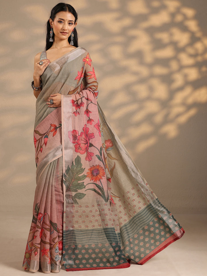 Green Printed Linen Blend Saree With Unstitched Blouse Piece