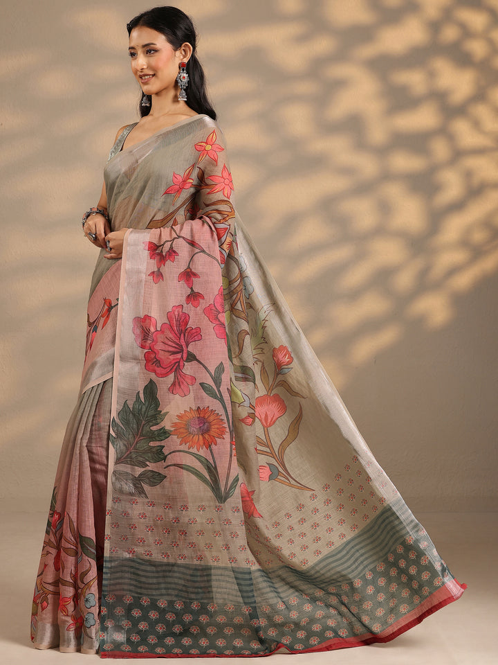 Green Printed Linen Blend Saree With Unstitched Blouse Piece