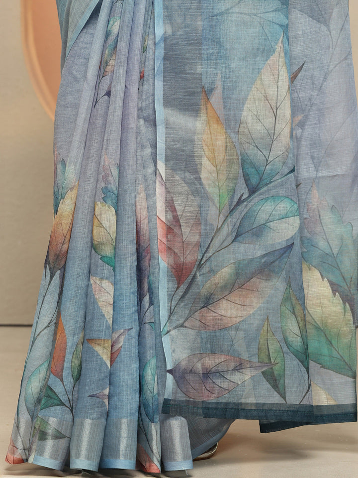 Blue Printed Linen Saree With Unstitched Blouse Piece