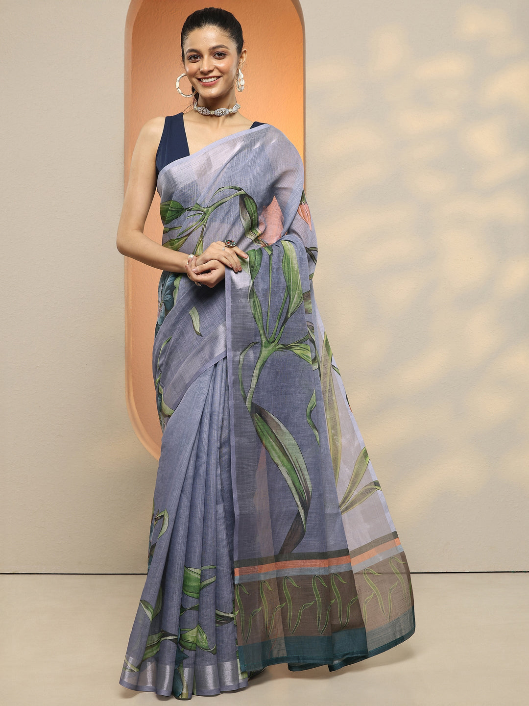 Purple Printed Linen Saree With Unstitched Blouse Piece