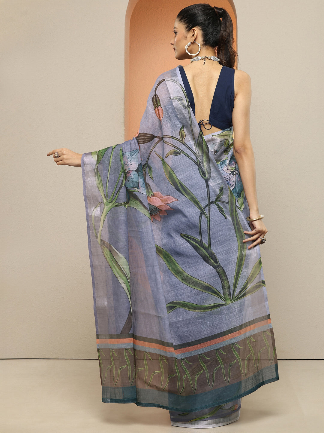 Purple Printed Linen Saree With Unstitched Blouse Piece