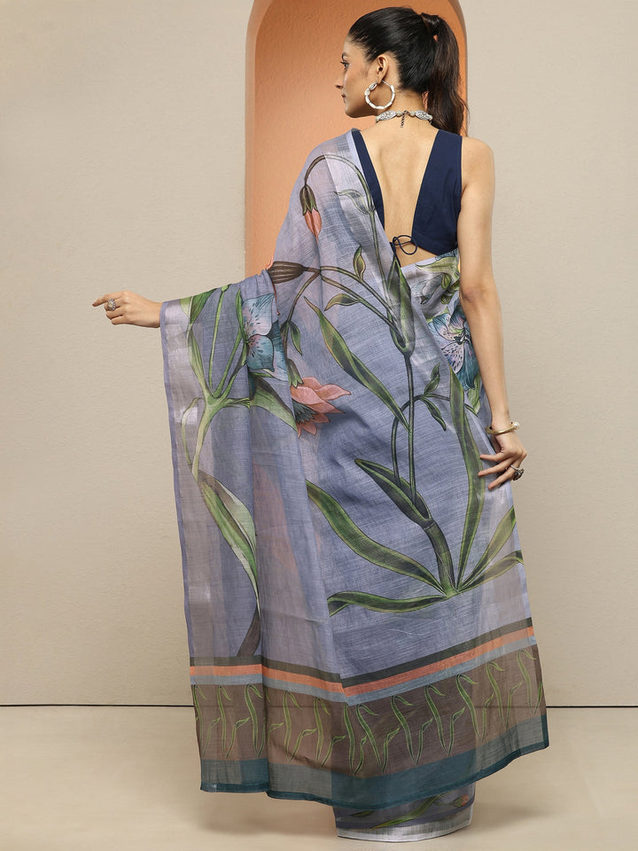 Purple Printed Linen Saree With Unstitched Blouse Piece