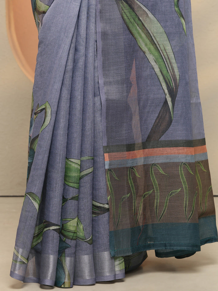 Purple Printed Linen Saree With Unstitched Blouse Piece