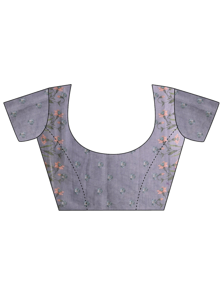 Purple Printed Linen Saree With Unstitched Blouse Piece