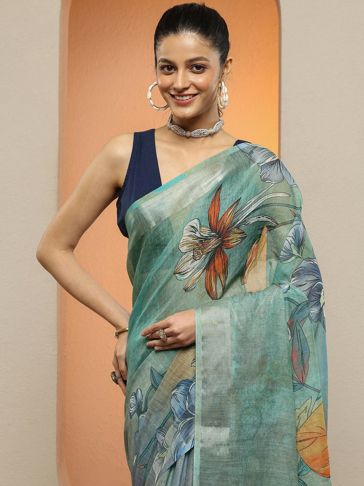 Green Printed Linen Saree With Unstitched Blouse Piece