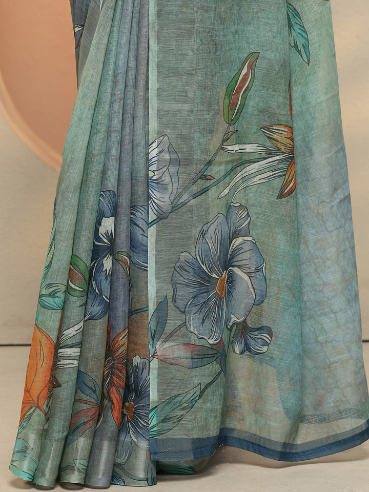 Green Printed Linen Saree With Unstitched Blouse Piece