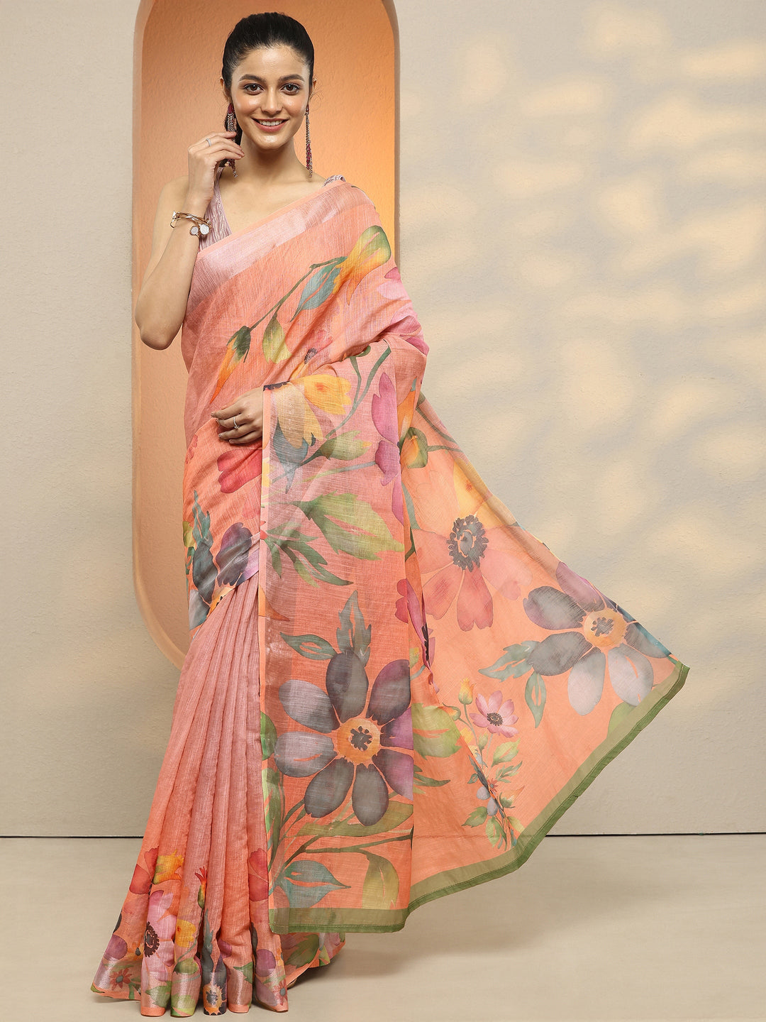 Peach Printed Linen Saree With Unstitched Blouse Piece