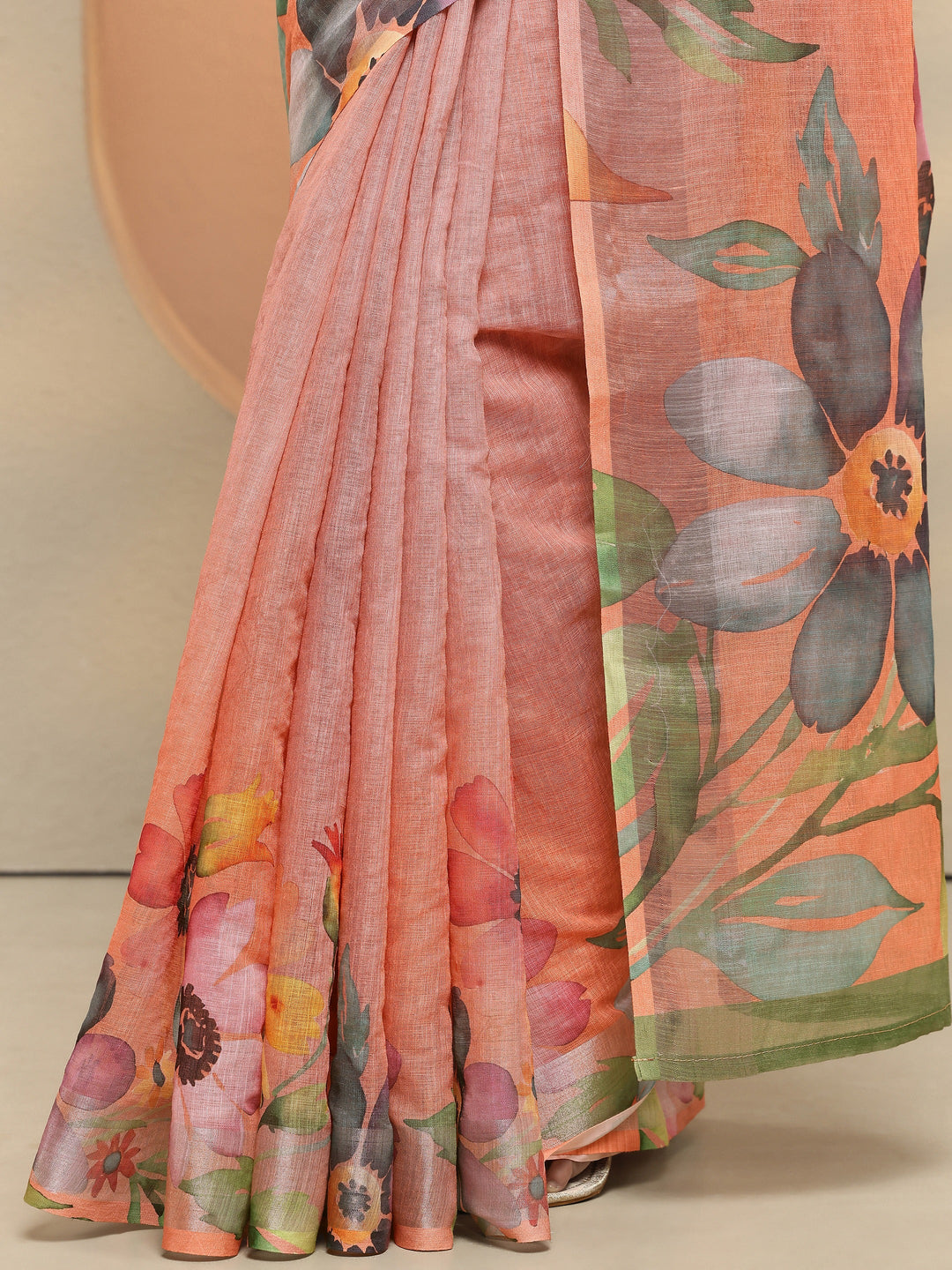 Peach Printed Linen Saree With Unstitched Blouse Piece