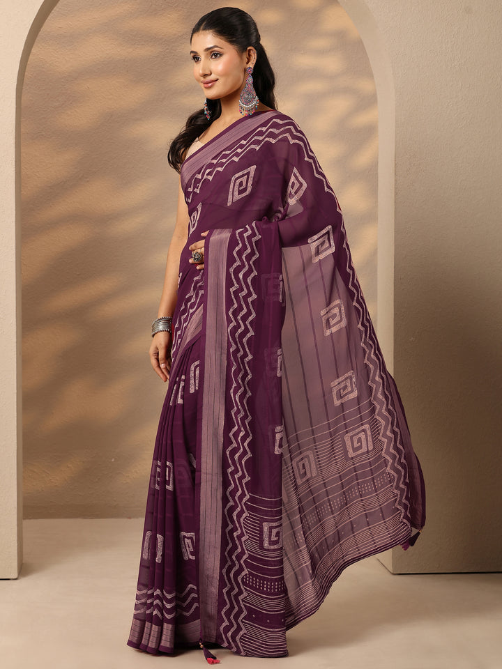Burgundy Printed Georgette Saree With Unstitched Blouse Piece