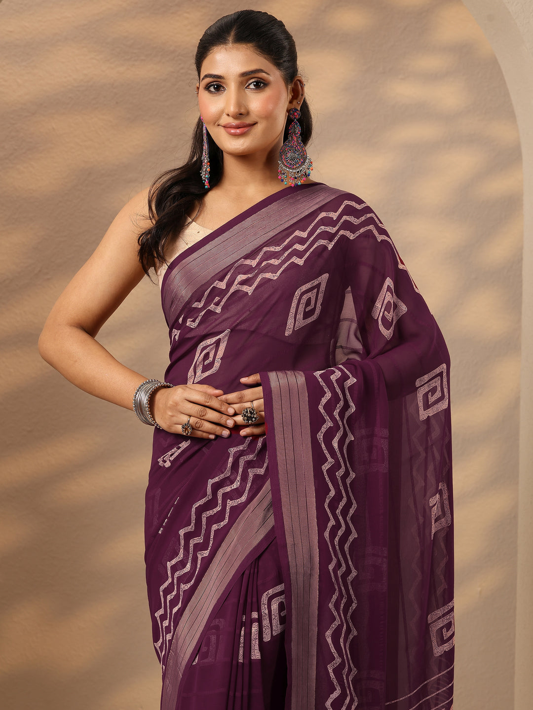 Burgundy Printed Georgette Saree With Unstitched Blouse Piece