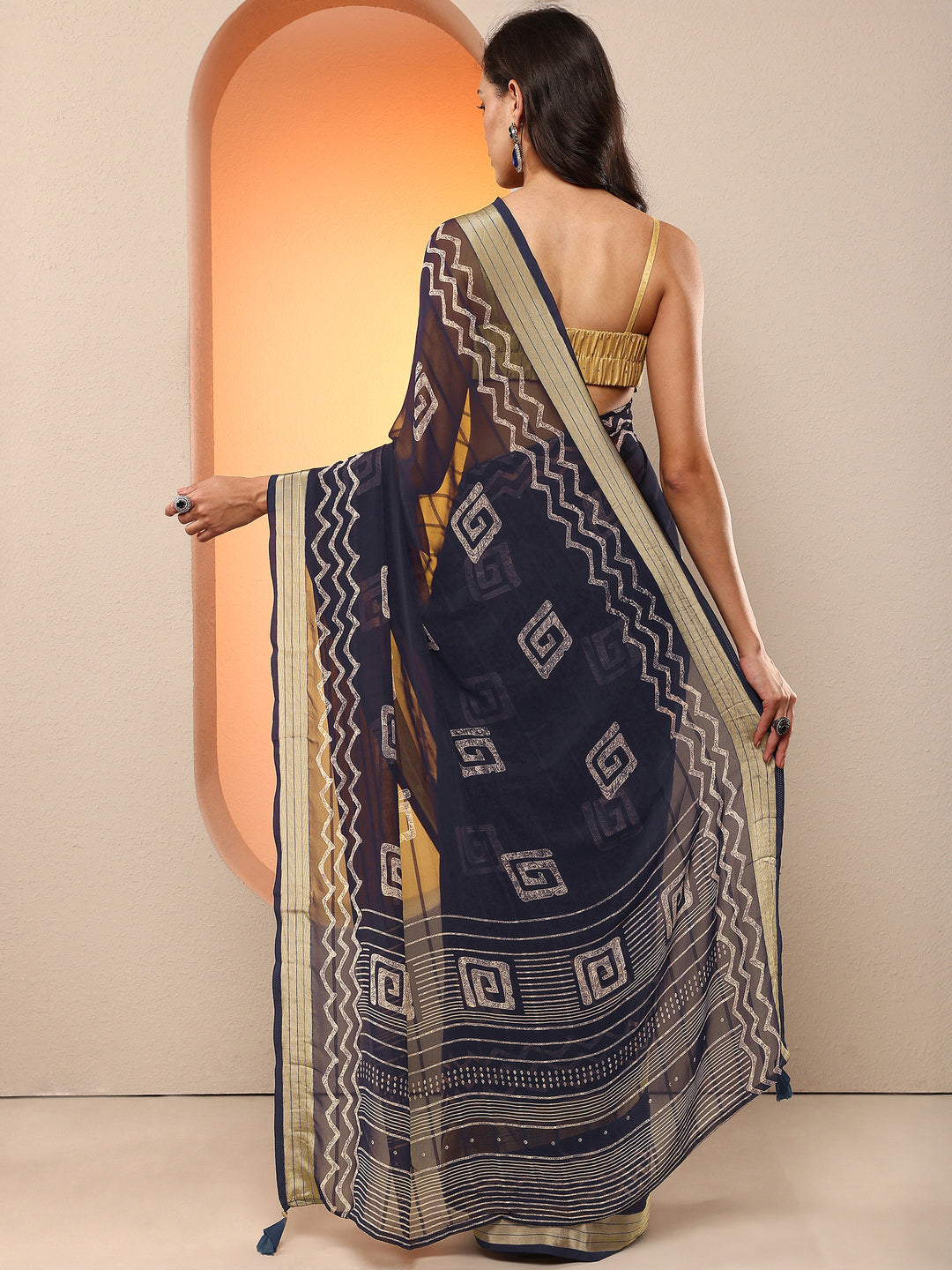 Navy Blue Printed Georgette Saree With Unstitched Blouse Piece