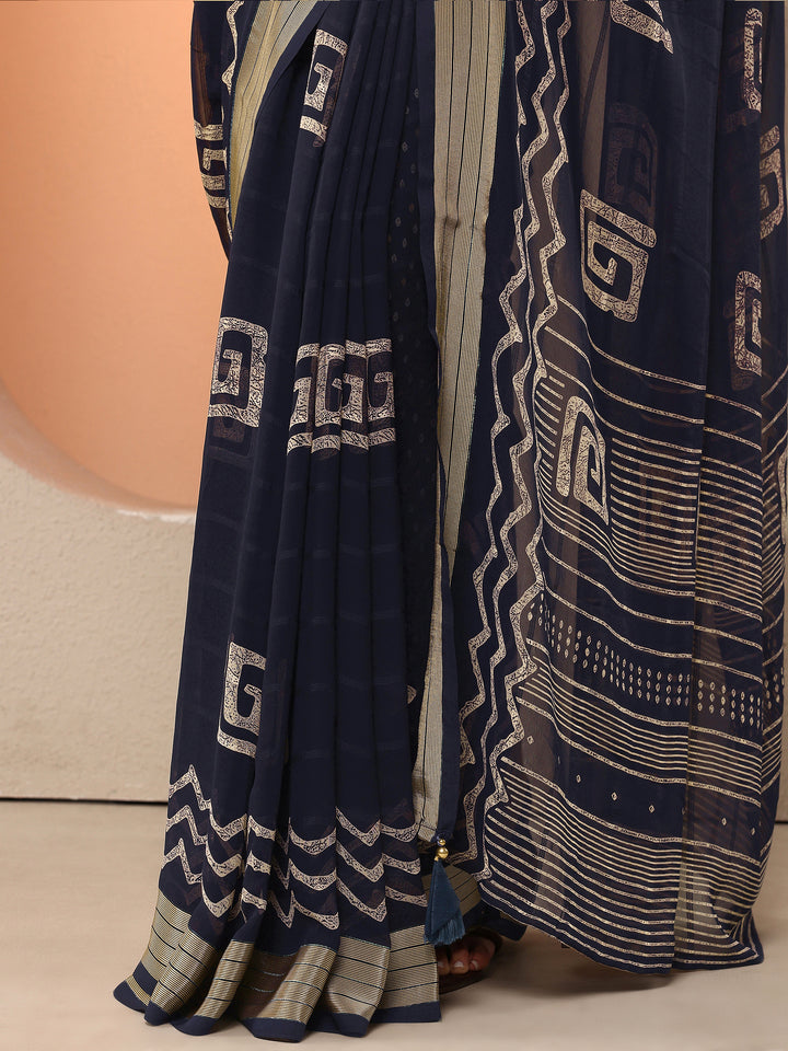 Navy Blue Printed Georgette Saree With Unstitched Blouse Piece