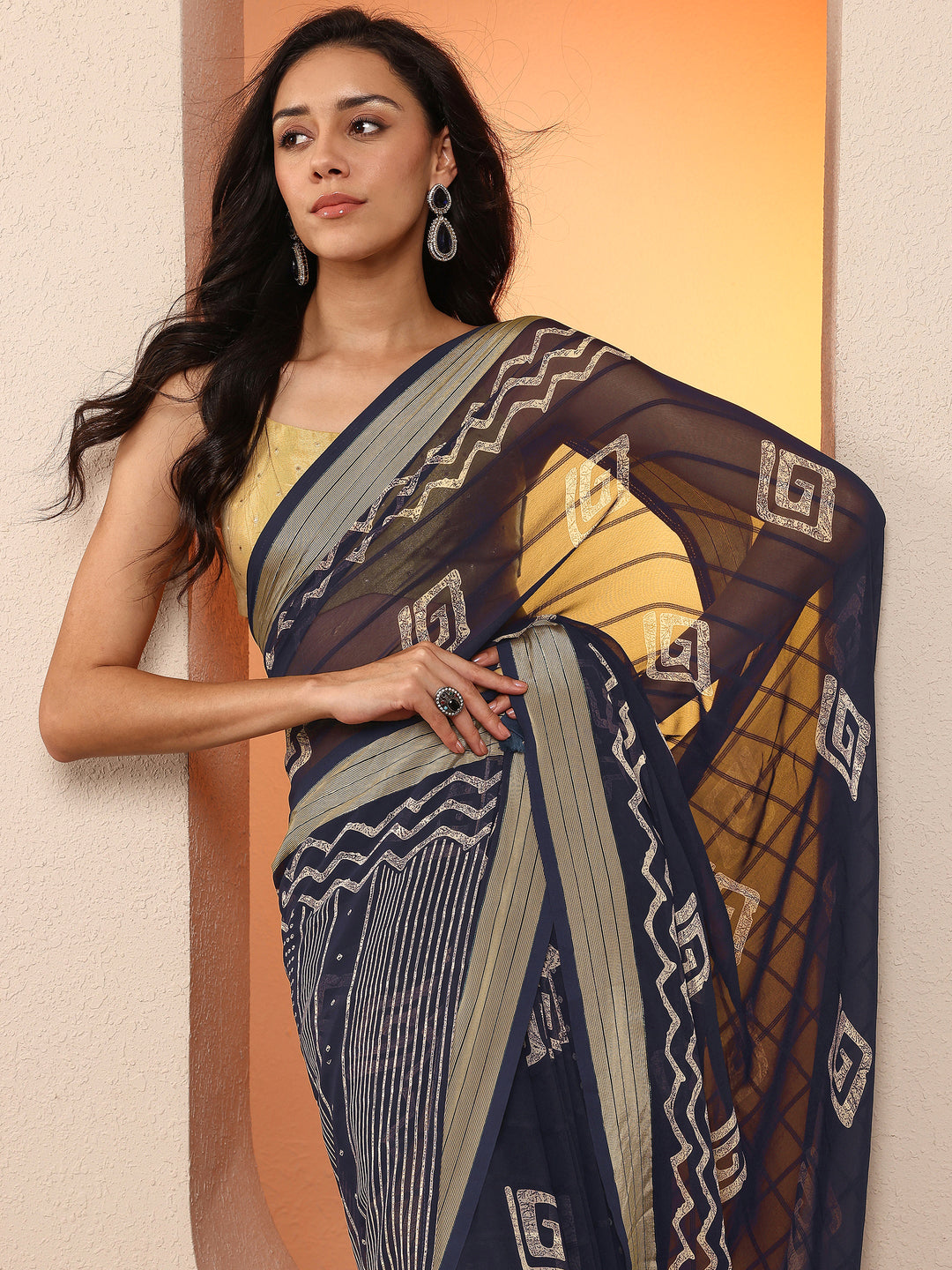 Navy Blue Printed Georgette Saree With Unstitched Blouse Piece