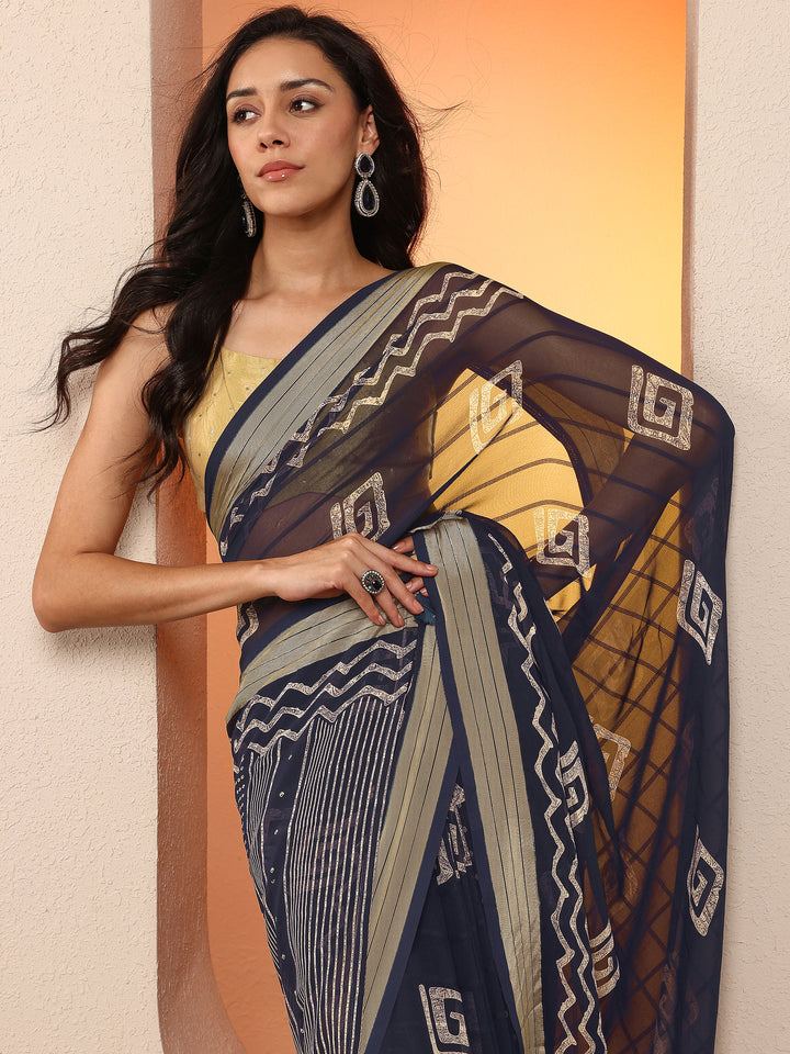 Navy Blue Printed Georgette Saree With Unstitched Blouse Piece