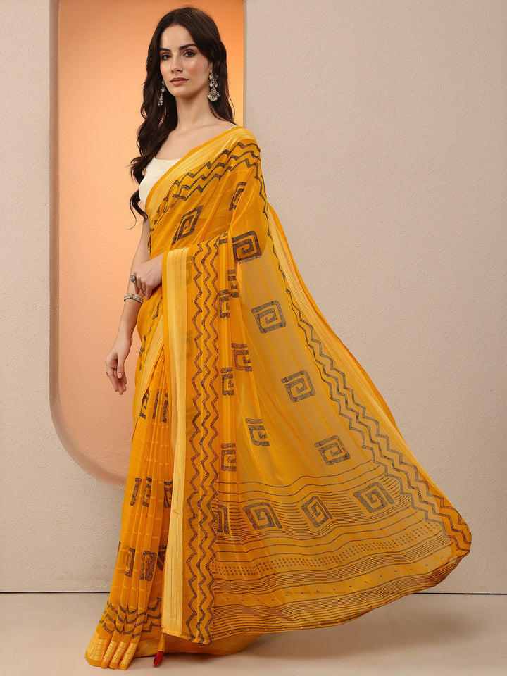 Mustard Printed Georgette Saree With Unstitched Blouse Piece
