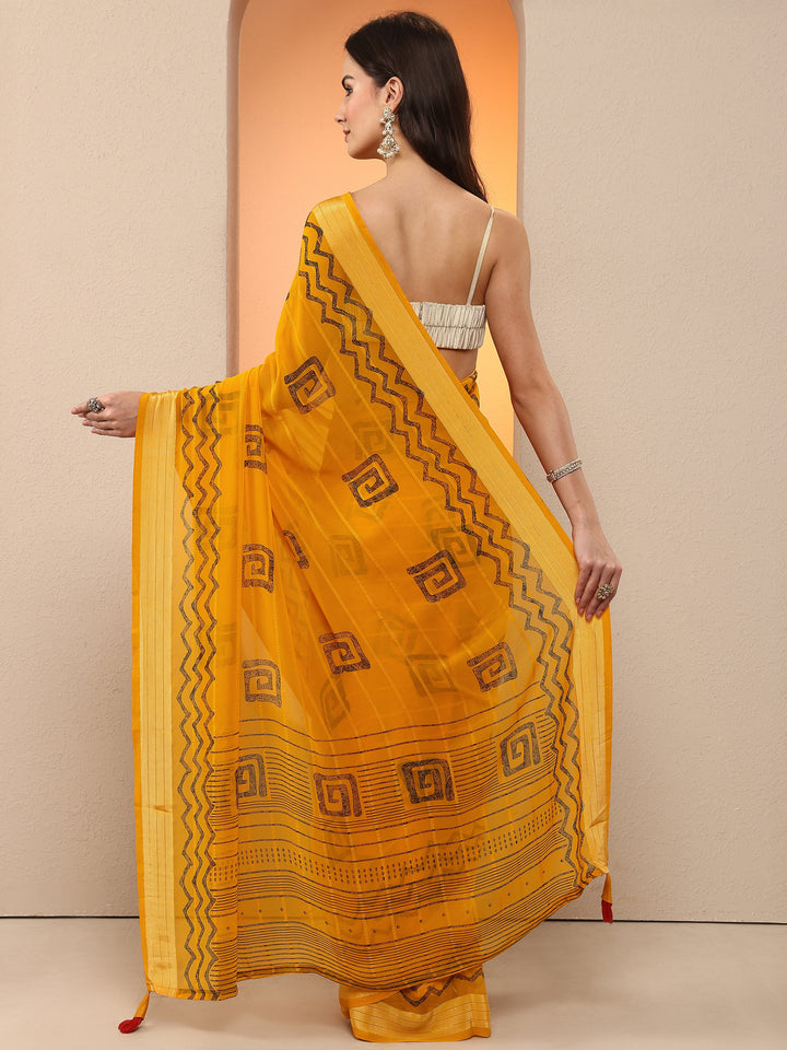 Mustard Printed Georgette Saree With Unstitched Blouse Piece