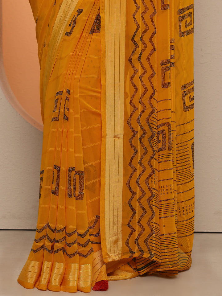 Mustard Printed Georgette Saree With Unstitched Blouse Piece