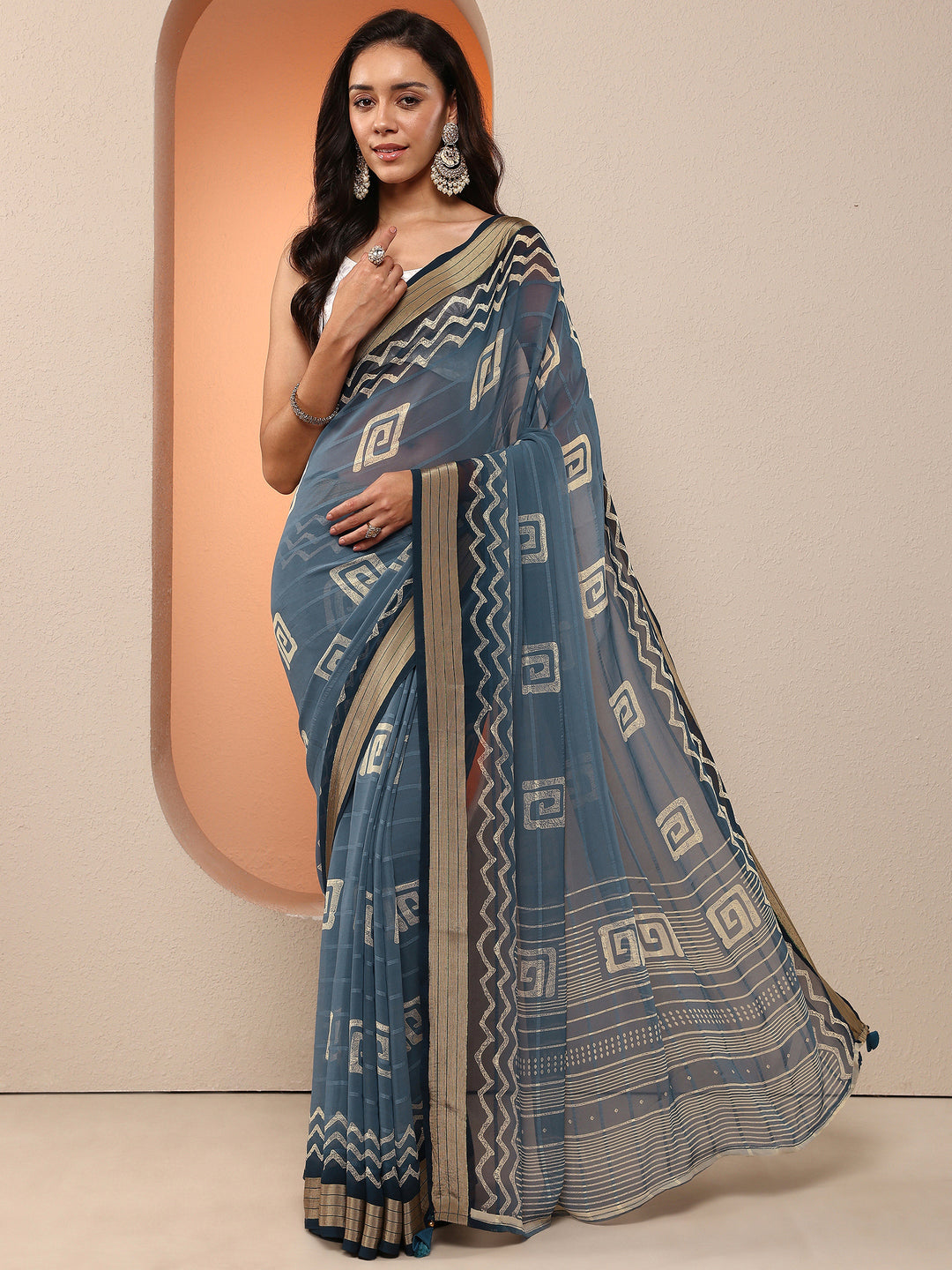 Blue Printed Georgette Saree With Unstitched Blouse Piece