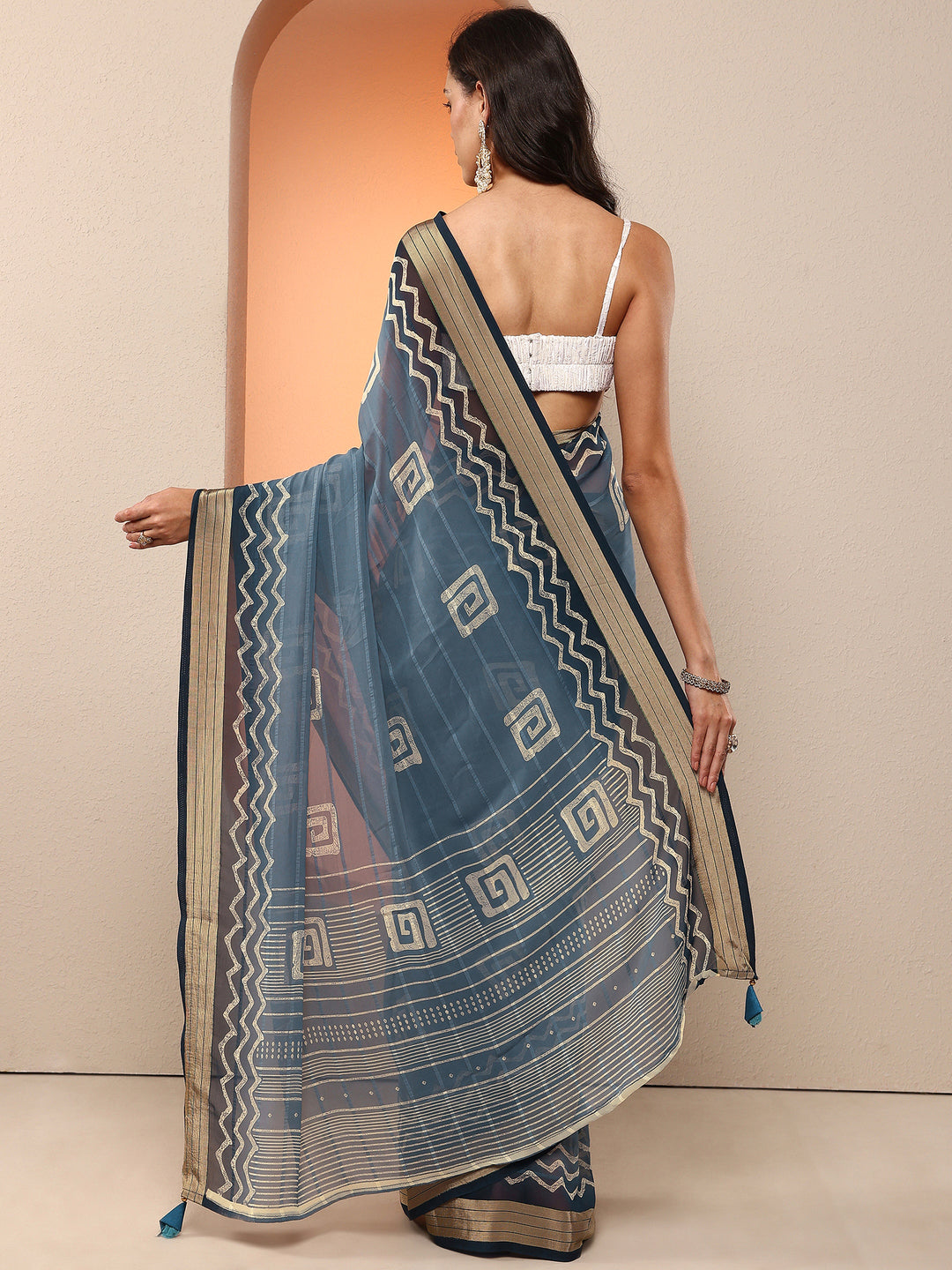 Blue Printed Georgette Saree With Unstitched Blouse Piece