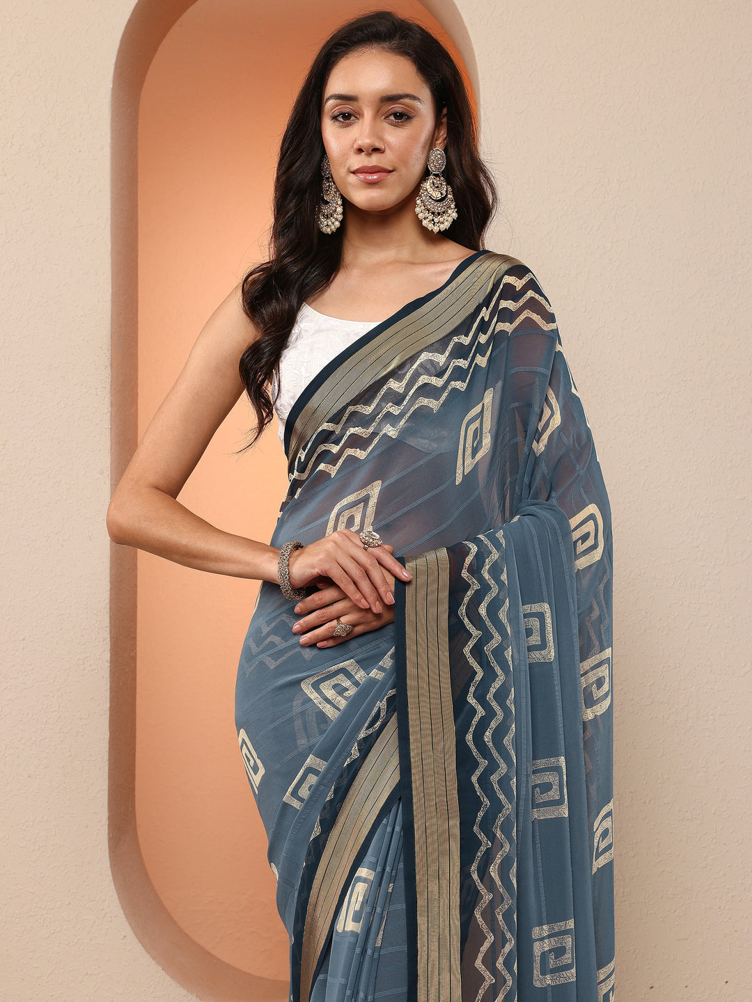 Blue Printed Georgette Saree With Unstitched Blouse Piece