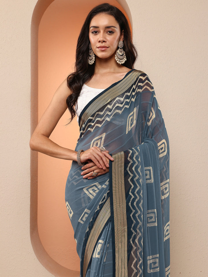 Blue Printed Georgette Saree With Unstitched Blouse Piece