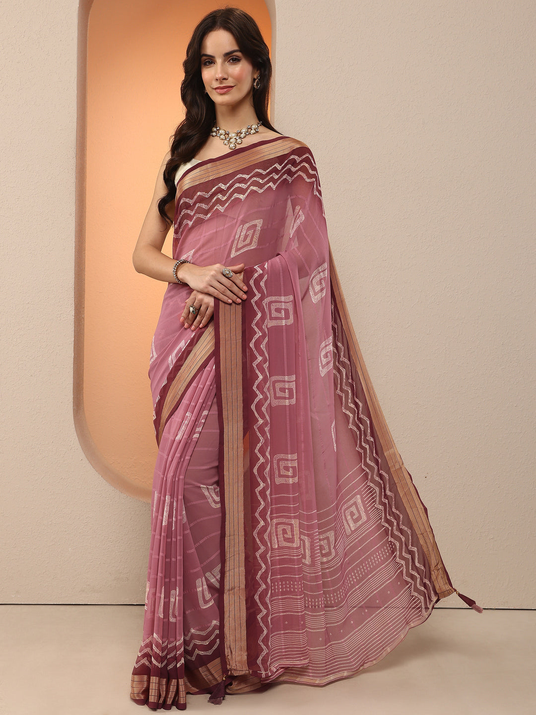 Pink Printed Georgette Saree With Unstitched Blouse Piece