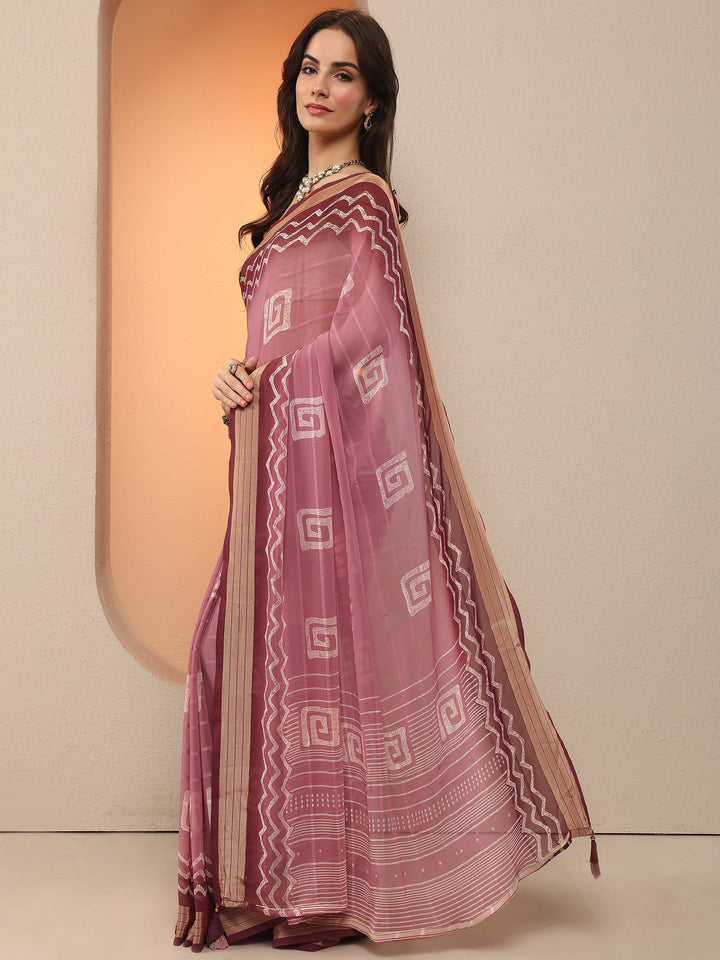 Pink Printed Georgette Saree With Unstitched Blouse Piece