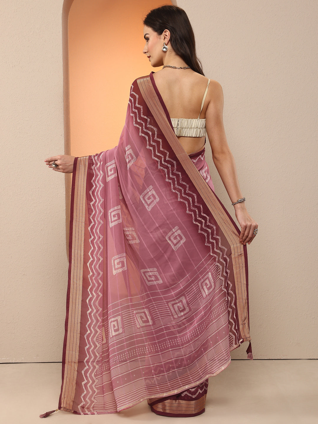 Pink Printed Georgette Saree With Unstitched Blouse Piece
