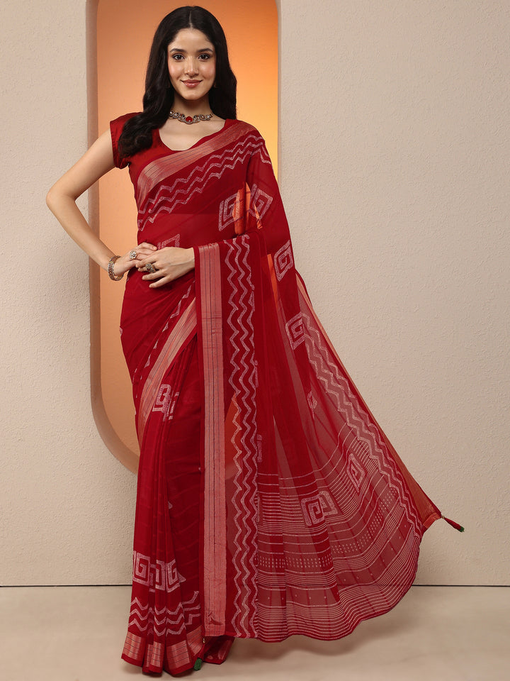 Red Printed Georgette Saree With Unstitched Blouse Piece