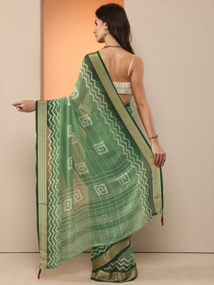 Green Printed Georgette Saree With Unstitched Blouse Piece